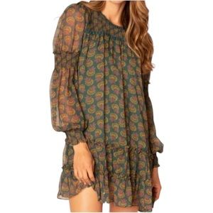 Allison New York Smocked Ruffle Floral‎ Boho Green Dress    Sz L